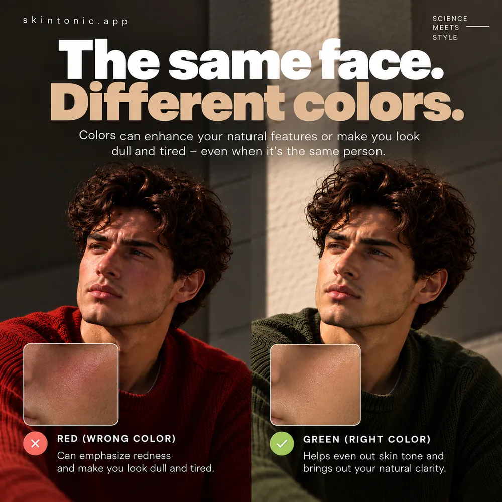 The same face, different colors: the same man in a red sweater looks tired, in a green sweater his skin looks clearer.