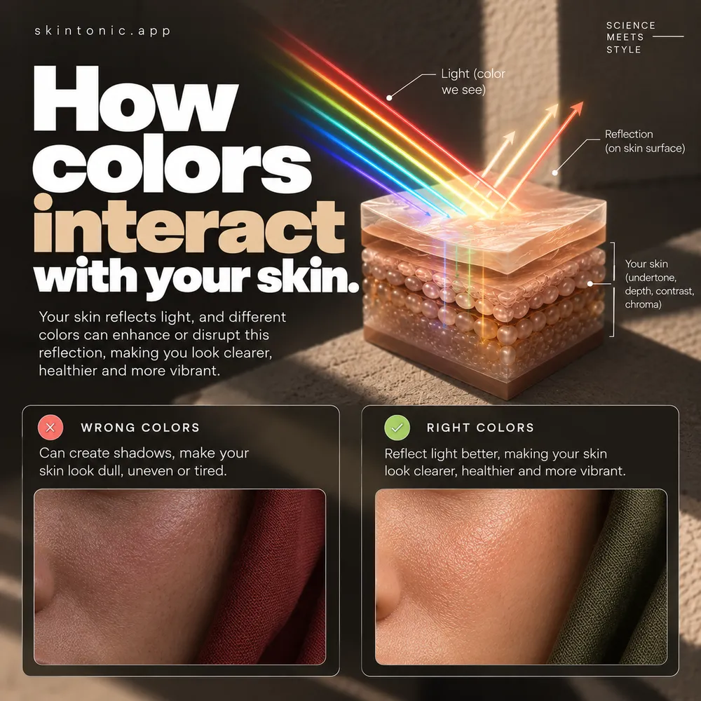 How colors interact with your skin: light reflects off the skin; wrong colors look dull, right colors look clearer.