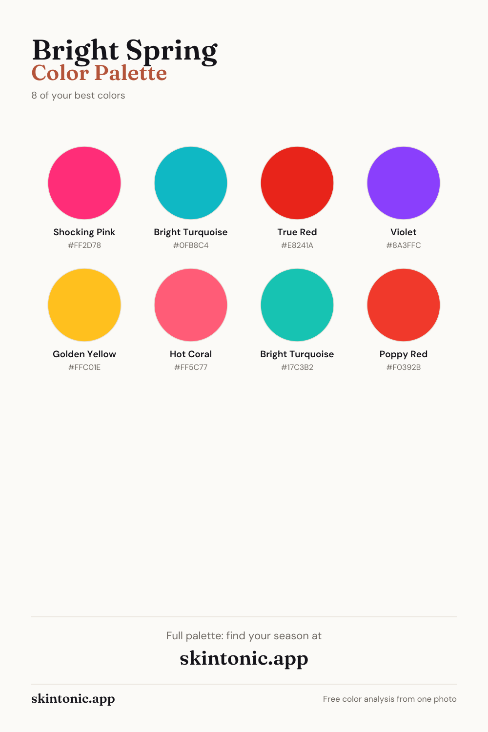 Bright Spring color palette preview: 8 of the best colors with names and hex codes.