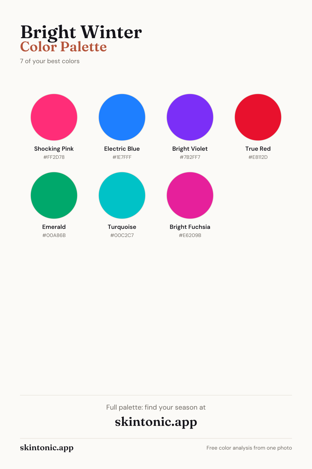 Bright Winter color palette preview: 7 of the best colors with names and hex codes.
