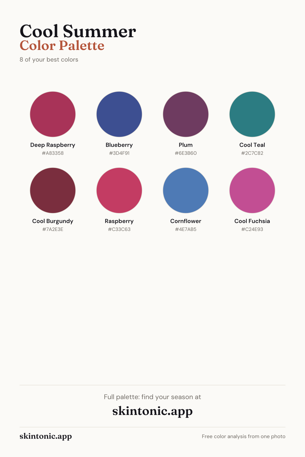 Cool Summer color palette preview: 8 of the best colors with names and hex codes.