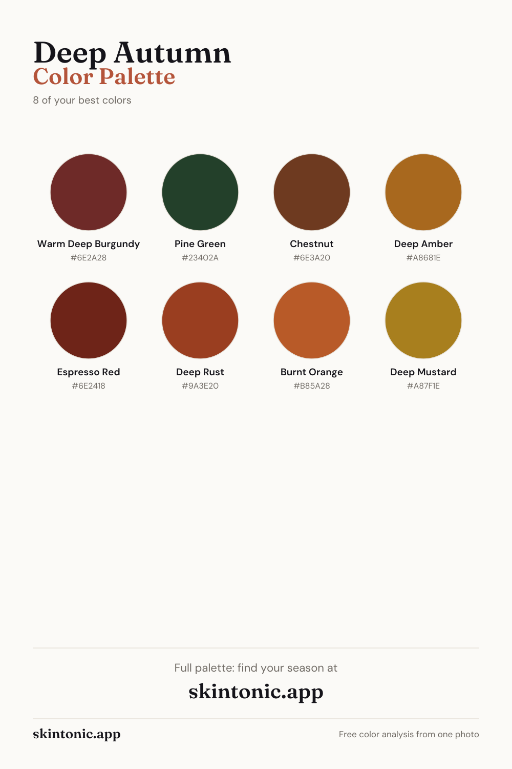Deep Autumn color palette preview: 8 of the best colors with names and hex codes.
