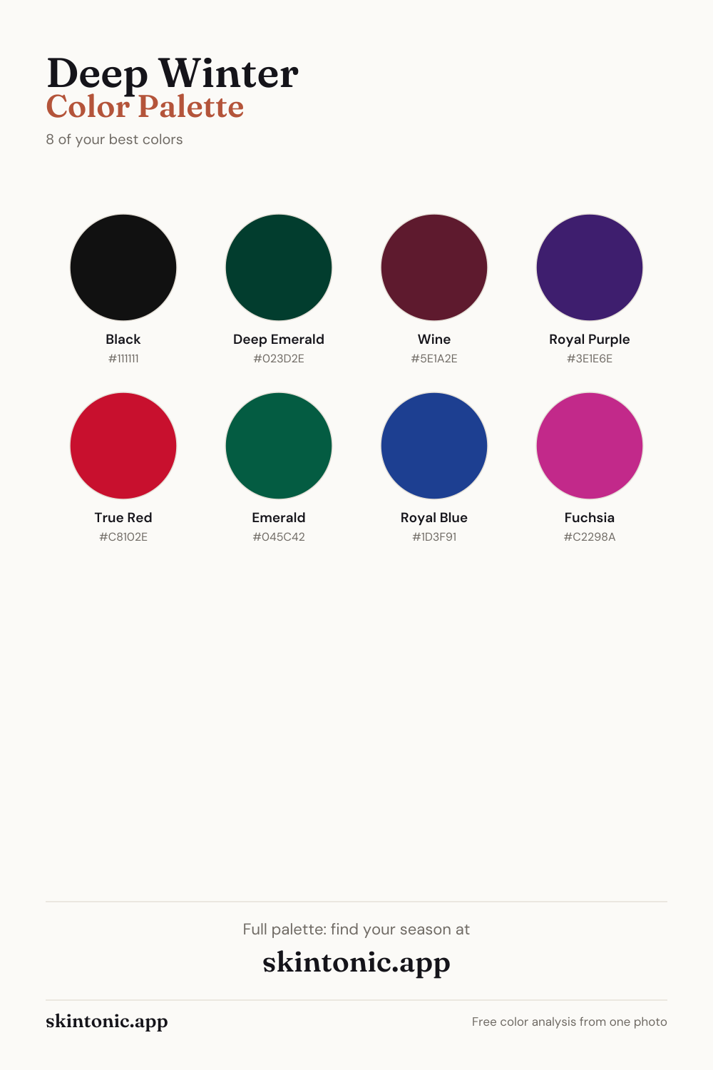 Deep Winter color palette preview: 8 of the best colors with names and hex codes.