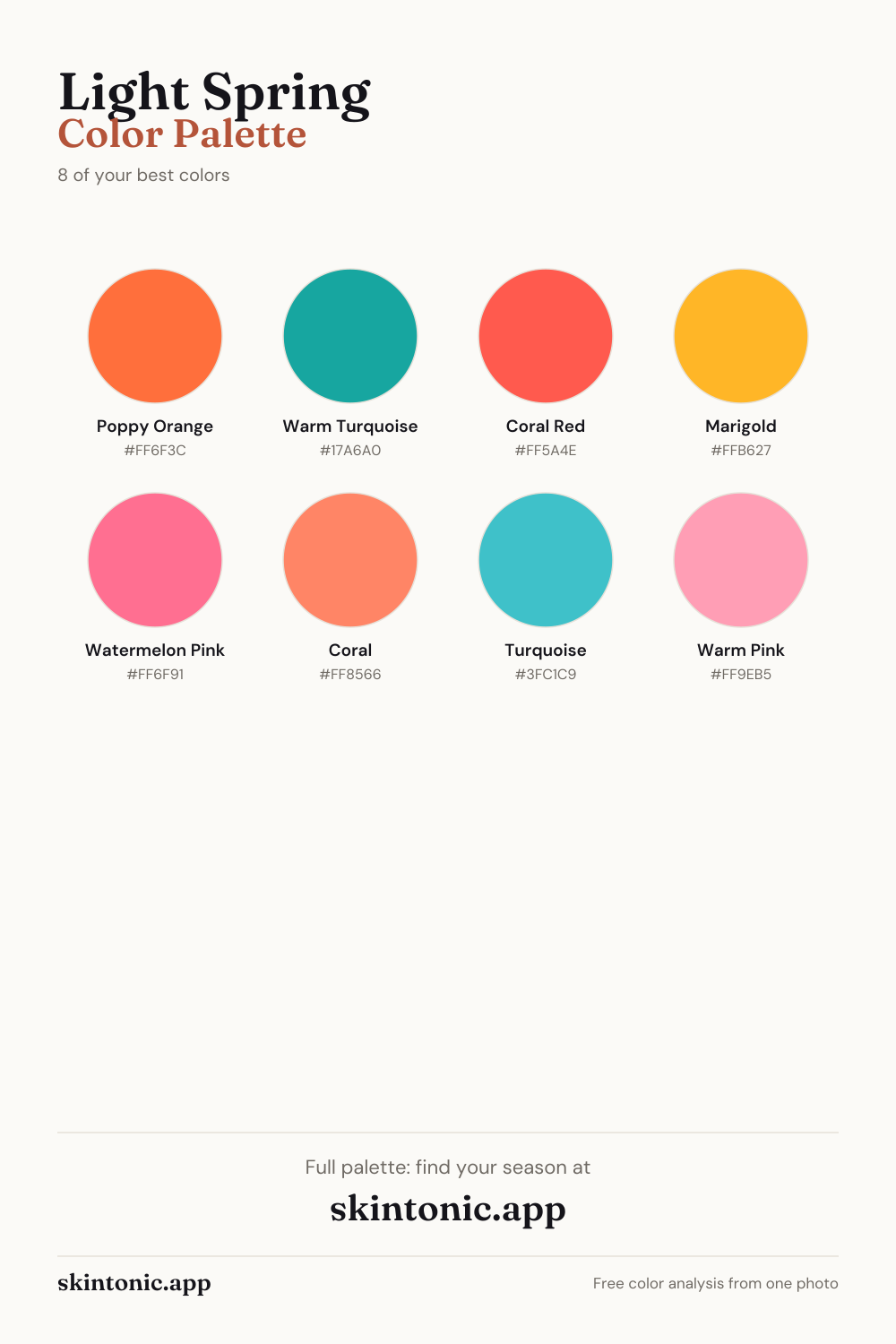 Light Spring color palette preview: 8 of the best colors with names and hex codes.