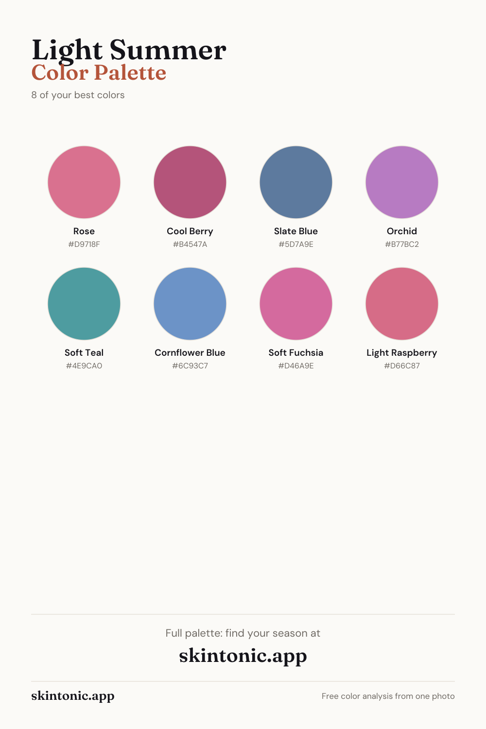 Light Summer color palette preview: 8 of the best colors with names and hex codes.