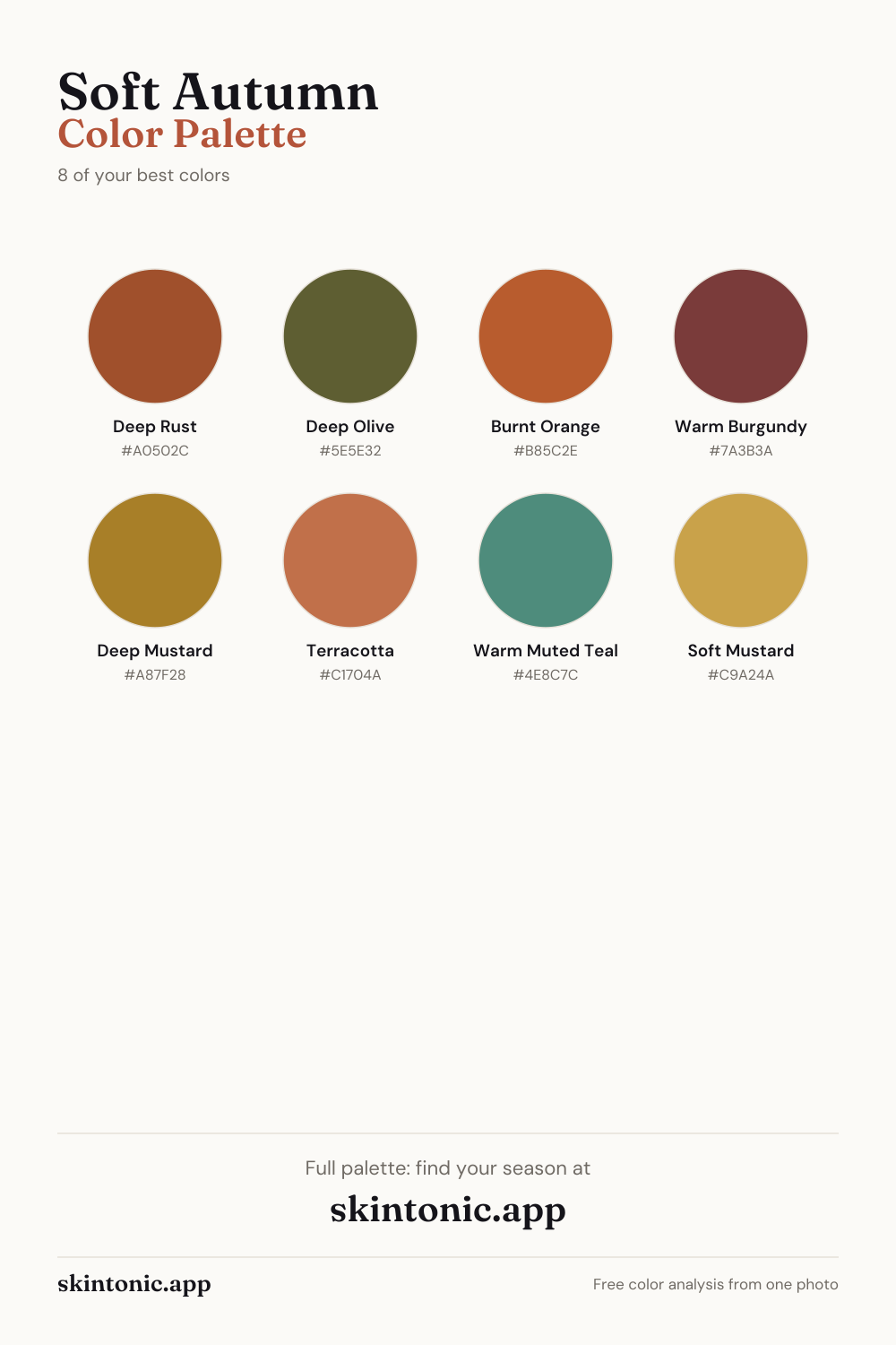Soft Autumn color palette preview: 8 of the best colors with names and hex codes.
