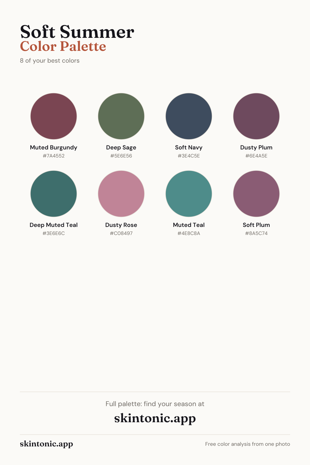 Soft Summer color palette preview: 8 of the best colors with names and hex codes.