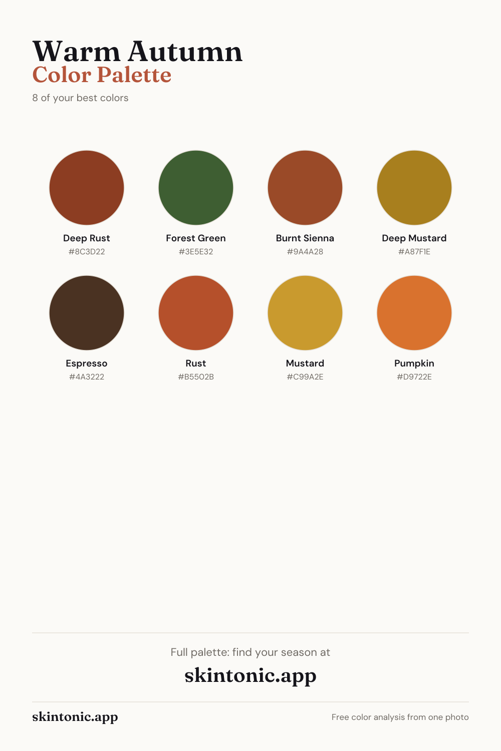 Warm Autumn color palette preview: 8 of the best colors with names and hex codes.