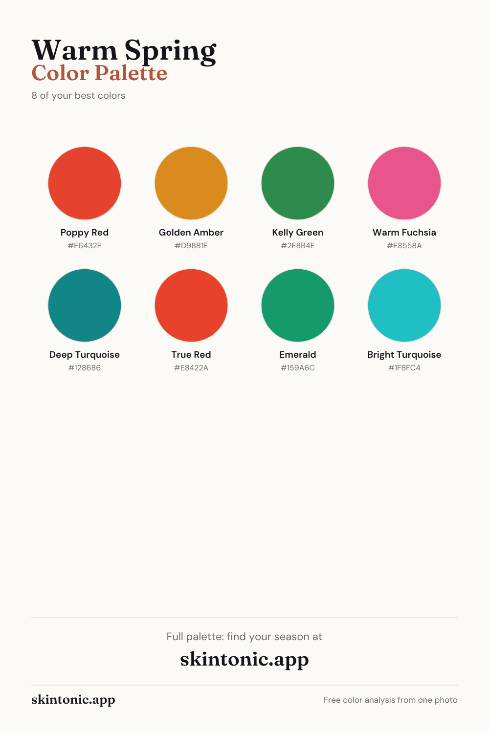 Warm Spring color palette preview: 8 of the best colors with names and hex codes.